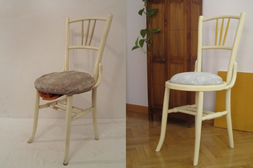 Una de las sillas antes y después de la restauración
