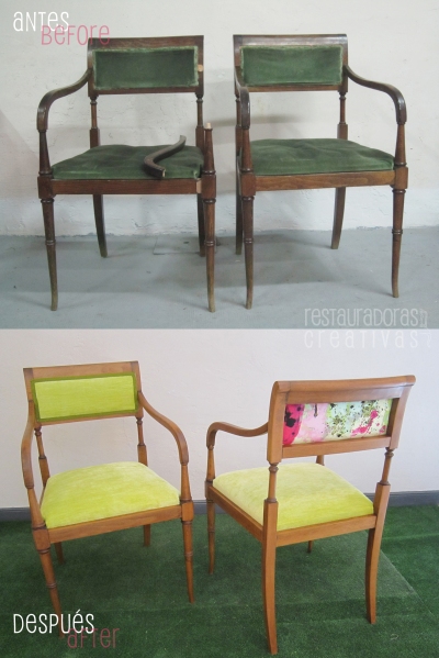 Pareja de sillones antes y después de la restauración